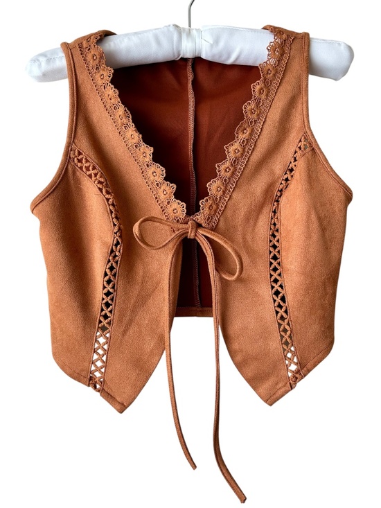 Jackets & Blazers - Faux Suede Vest Rustic Burnt Orange Crochet Trim Accent Tie Front Western Small